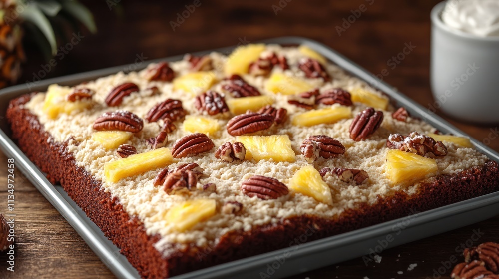 Coconut pecan dessert with pineapple chunks and nuts invites a sweet indulgence at afternoon tea Coconut pecan dessert with pineapple chunks and nuts invites a sweet indulgence at afternoon tea