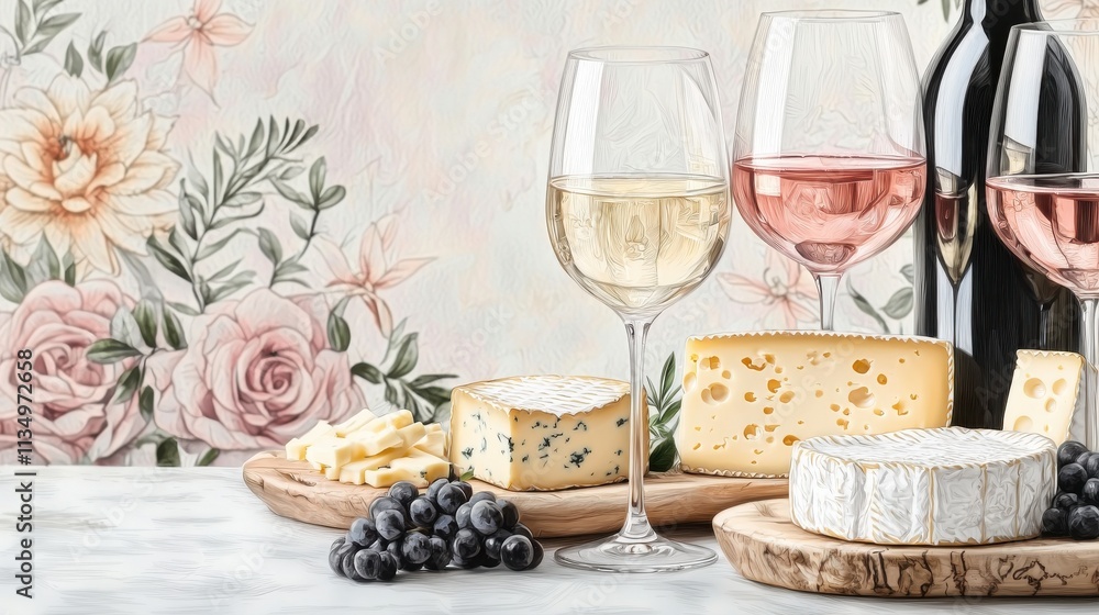 Elegant Hand-Drawn Wine Glasses and Cheese Elegant Hand-Drawn Wine Glasses and Cheese