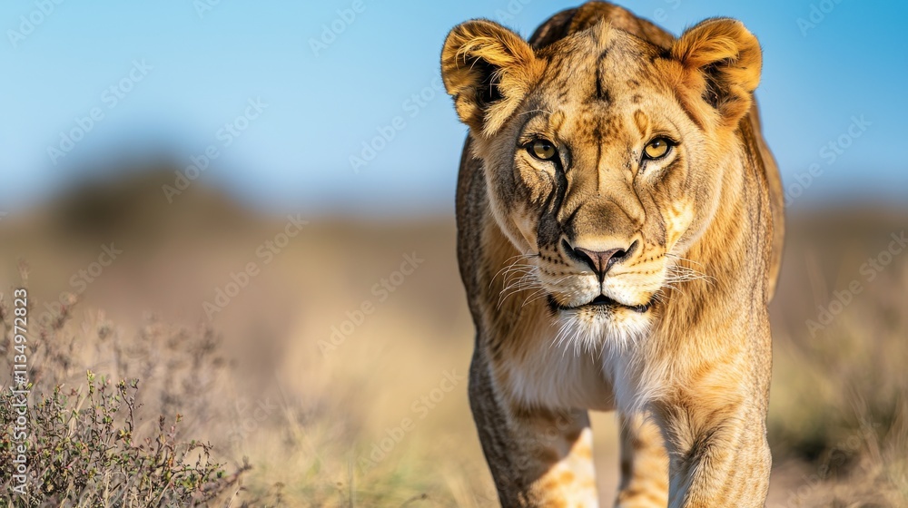 Lioness Walking Stealthily in the Savanna Landscape Lioness Walking Stealthily in the Savanna Landscape