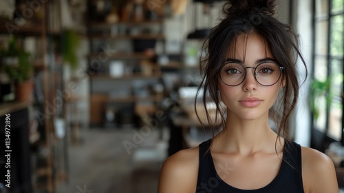 A thoughtful young woman stands in a modern, warm space, showcasing her unique style and poise Free Download A thoughtful young woman stands in a modern, warm space, showcasing her unique style and poise - GFXLoad