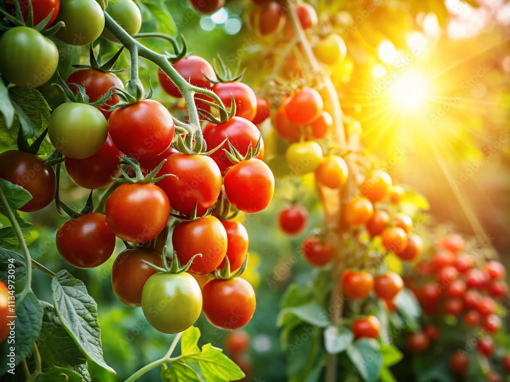 Fototapeta premium Freshly Harvested Cherry Tomatoes on Vine in a Lush Garden Setting, Showcasing the Vibrant Colors and Organic Appeal of Nature's Bounty in Full Bloom