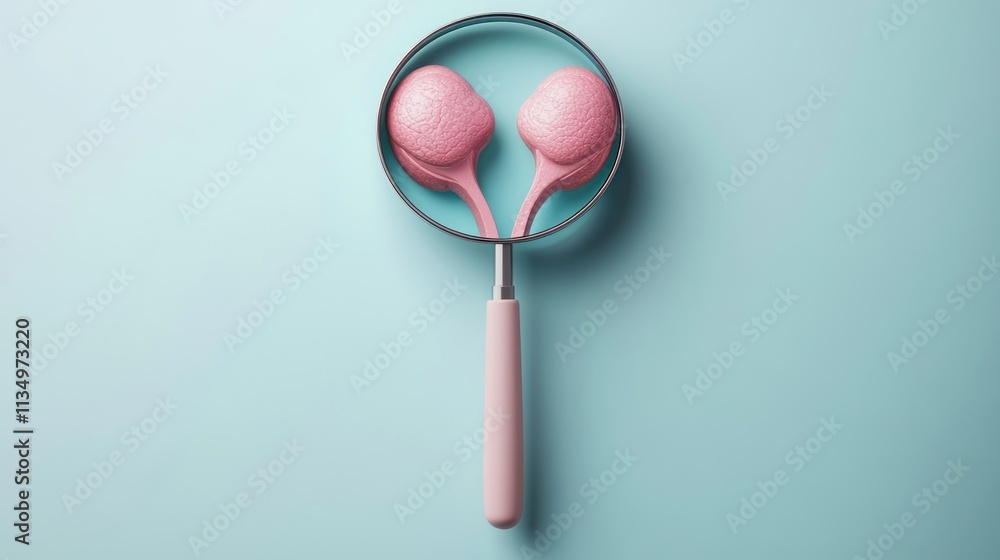 Magnifying Glass Examining Pink Testicle Model Magnifying Glass Examining Pink Testicle Model