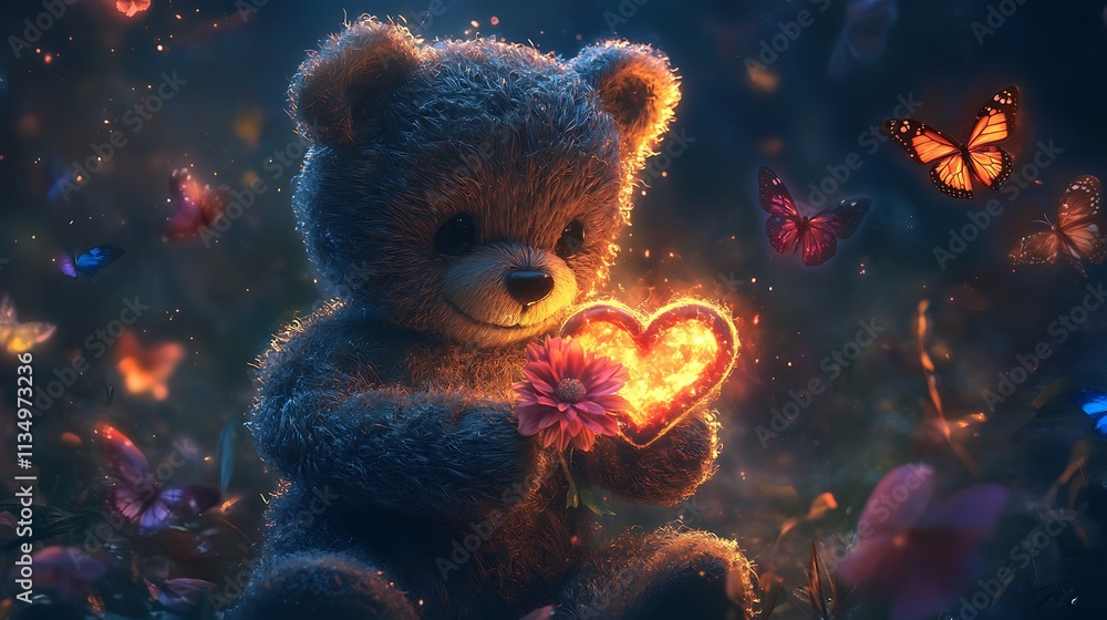 A Teddy Bear Holding a Flaming Heart in a Magical Forest A Teddy Bear Holding a Flaming Heart in a Magical Forest