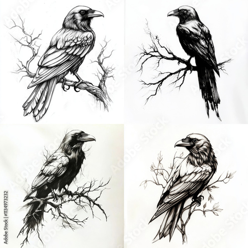 RAven sitting on a branch Tattoo idea sketch
