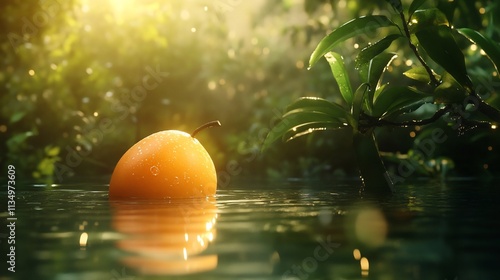 Vibrant Orange Fruit Reflected in Water Surface with Green Leaf Backdrop