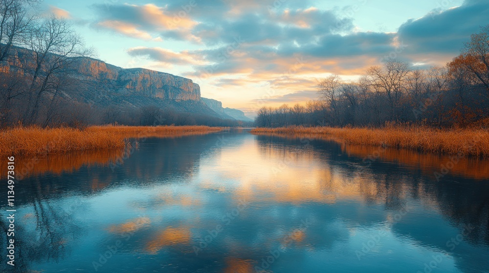 Golden light rests upon water as cliffs loom majestically, creating a peaceful atmosphere at dusk Golden light rests upon water as cliffs loom majestically, creating a peaceful atmosphere at dusk