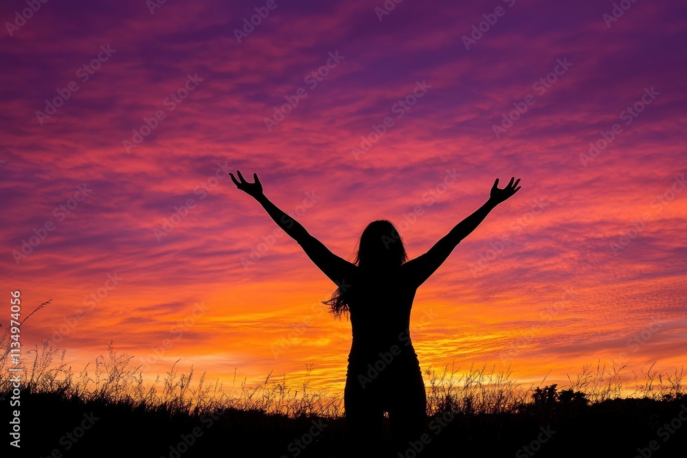 Silhouette of a woman with arms raised against a vibrant sunset sky. Silhouette of a woman with arms raised against a vibrant sunset sky.