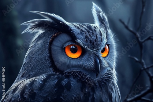 humorous owl portrait against dark Eerie close-up of with piercing orange eyes photo