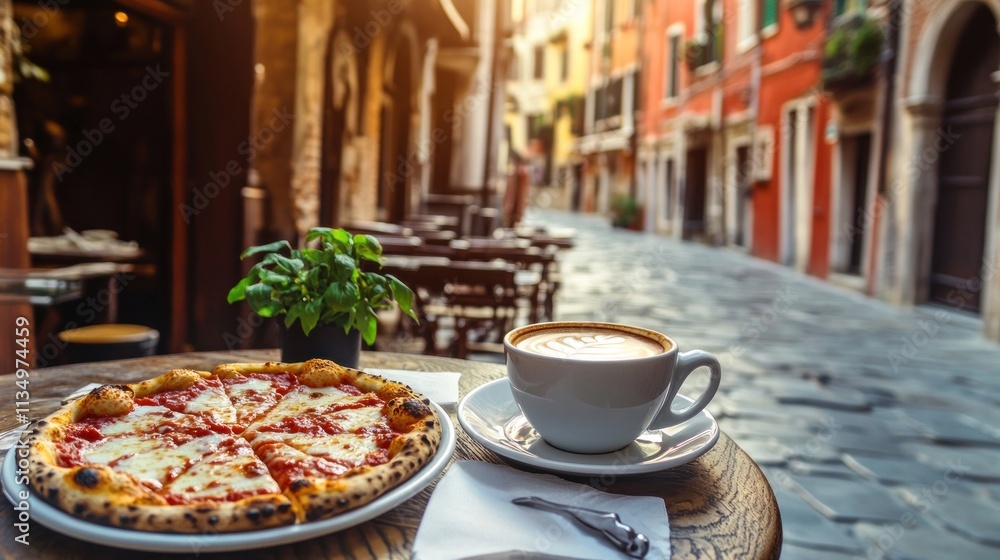 Delicious Pizza and Cappuccino in a Charming Italian Alleyway Delicious Pizza and Cappuccino in a Charming Italian Alleyway