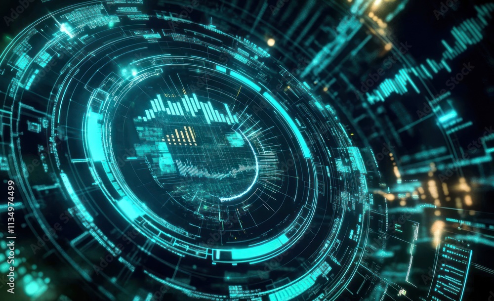 Abstract futuristic technology HUD interface with glowing circular elements and data graphs. Abstract futuristic technology HUD interface with glowing circular elements and data graphs.