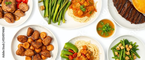 a close up of a variety of plates of food on a table. photo