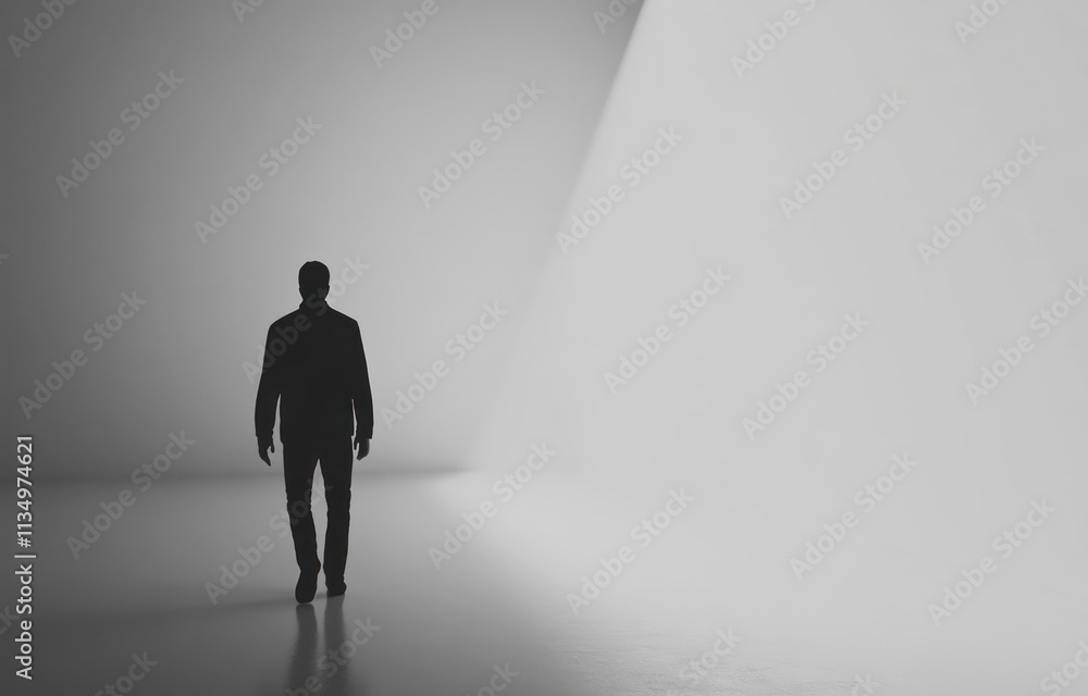 Silhouette of a man walking towards a bright light in a minimalist room. Silhouette of a man walking towards a bright light in a minimalist room.