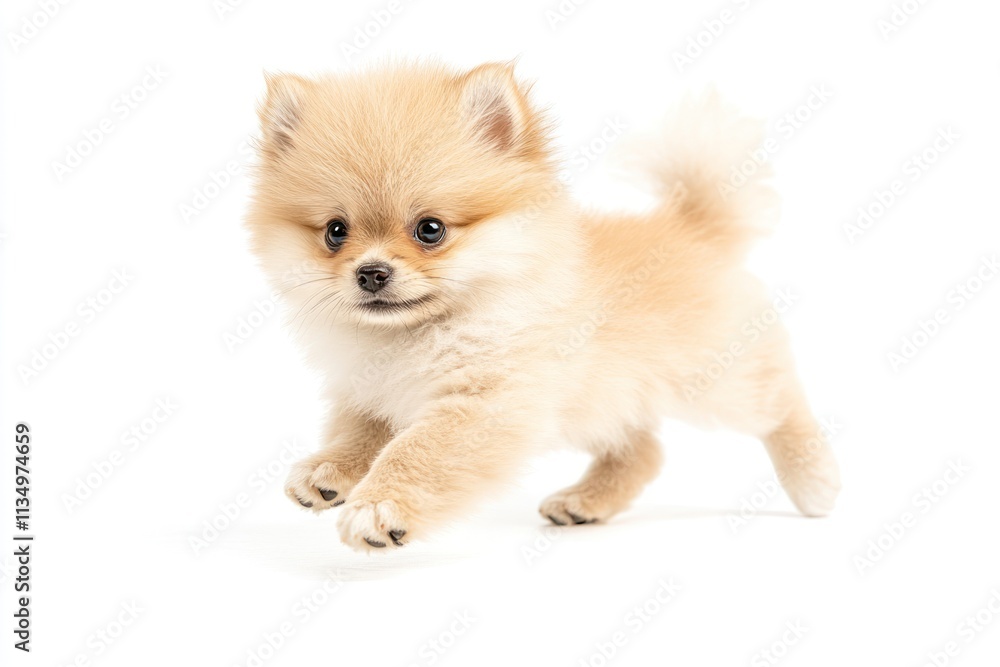 Adorable fluffy Pomeranian puppy playfully leaping against a white background. Adorable fluffy Pomeranian puppy playfully leaping against a white background.