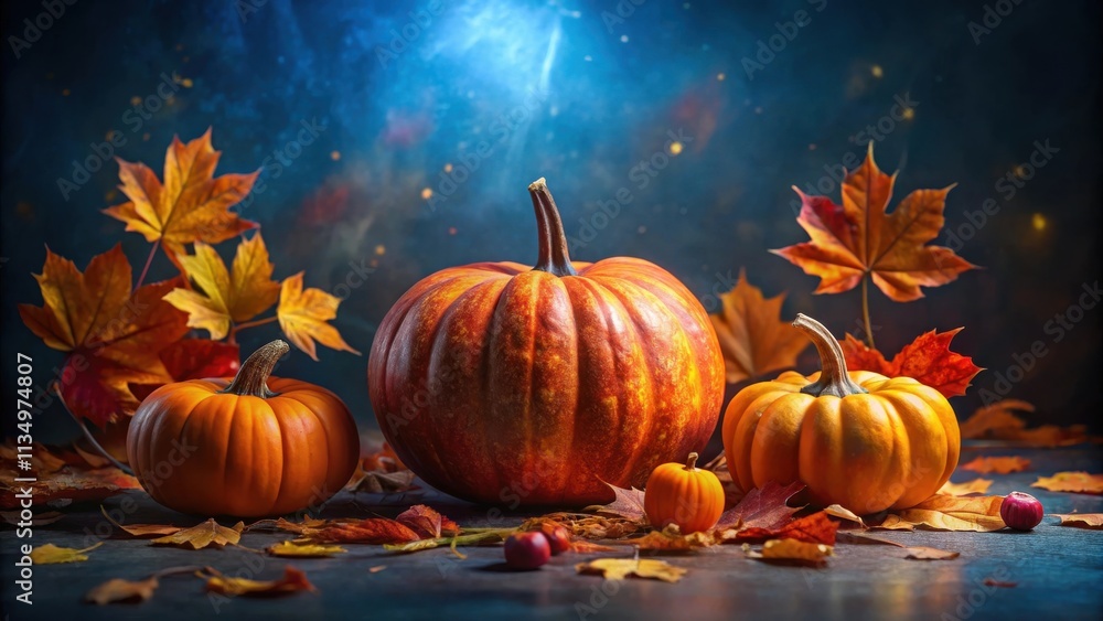 A trio of pumpkins rest amongst vibrant fall foliage, bathed in a soft glow of autumn light. A trio of pumpkins rest amongst vibrant fall foliage, bathed in a soft glow of autumn light.