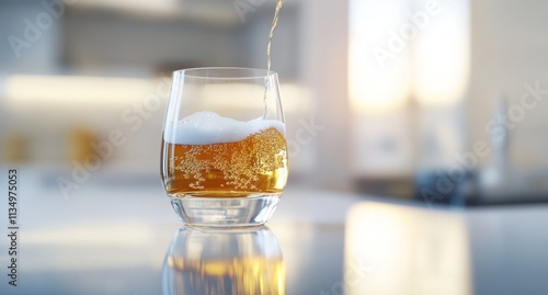 Golden liquid pouring into a glass on a reflective surface.