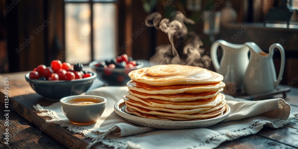 A stack of steaming pancakes on a rustic wooden table, surrounded by fresh fruit and a delicate white napkin. A stack of steaming pancakes on a rustic wooden table, surrounded by fresh fruit and a delicate white napkin.