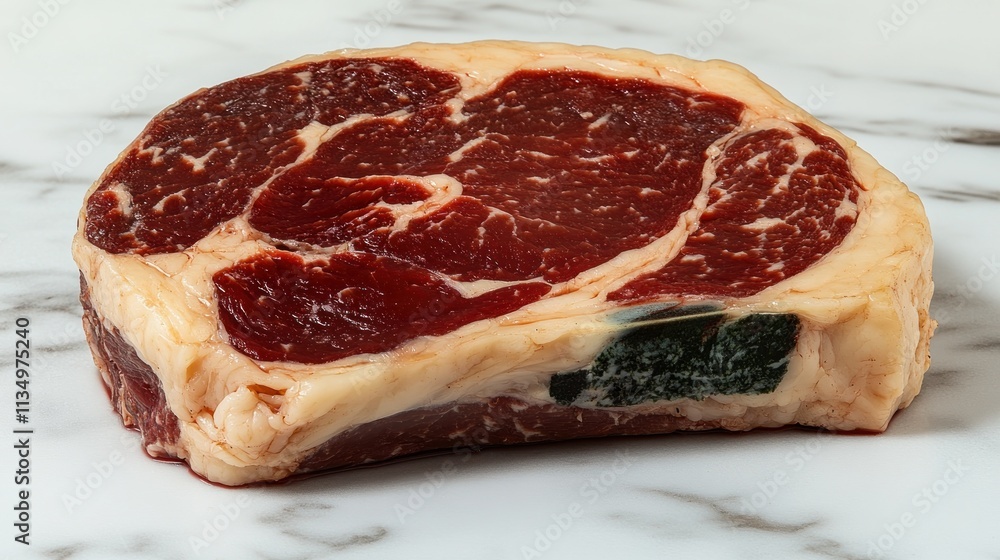 Thick cut of ribeye steak with marbling sits on a marble surface, inviting grilling and seasoning Thick cut of ribeye steak with marbling sits on a marble surface, inviting grilling and seasoning