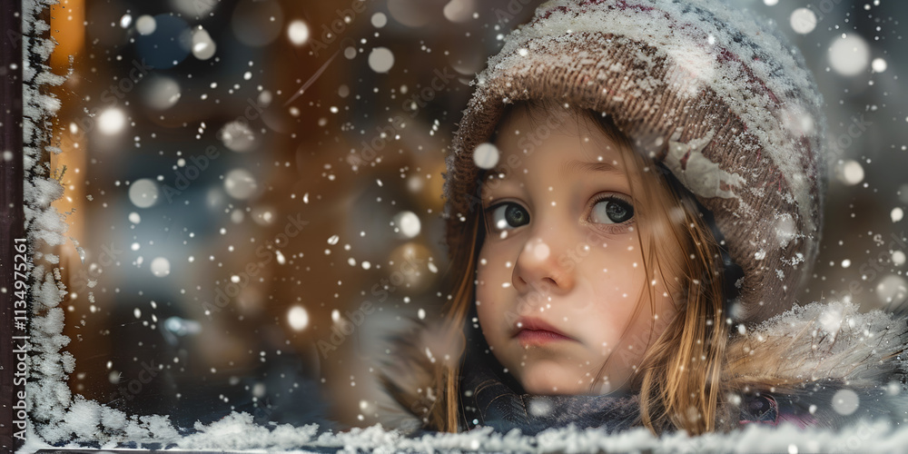 Young Girl Gazing Out a Window at Falling Snowflakes in a Serene Winter Scene