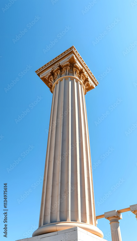 the majestic beauty of a Greek Doric column, highlighting its fluted design and robust proportions against a clear blue sky. technology, hyperrealism, with white tones the majestic beauty of a Greek Doric column, highlighting its fluted design and robust proportions against a clear blue sky. technology, hyperrealism, with white tones