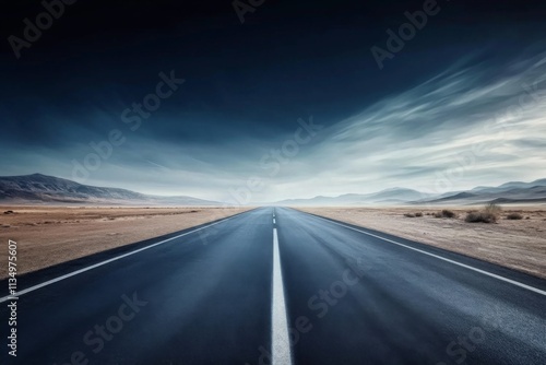 Minimalist shot of a long, Desolate Landscape: Empty Straight Road Amid Barren Land with Distant