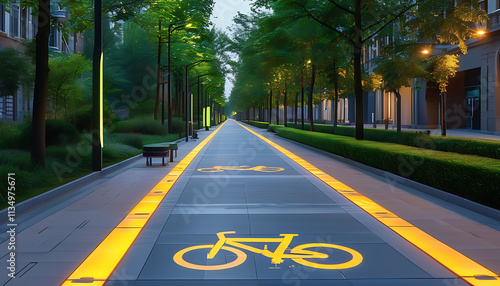 modern smart bike lane illuminated with yellow lights, surrounded by lush greenery and trees, creating serene and eco friendly atmosphere for cyclists photo