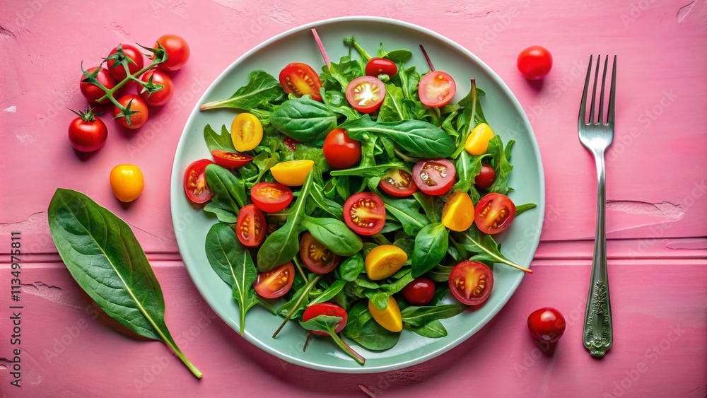Fresh Spinach and Arugula Salad with Tomato on a Pink Plate: A Close-Up Top View of a Healthy Diet on a White Table with a Fork, Perfect for Promoting Healthy Eating Habits Fresh Spinach and Arugula Salad with Tomato on a Pink Plate: A Close-Up Top View of a Healthy Diet on a White Table with a Fork, Perfect for Promoting Healthy Eating Habits