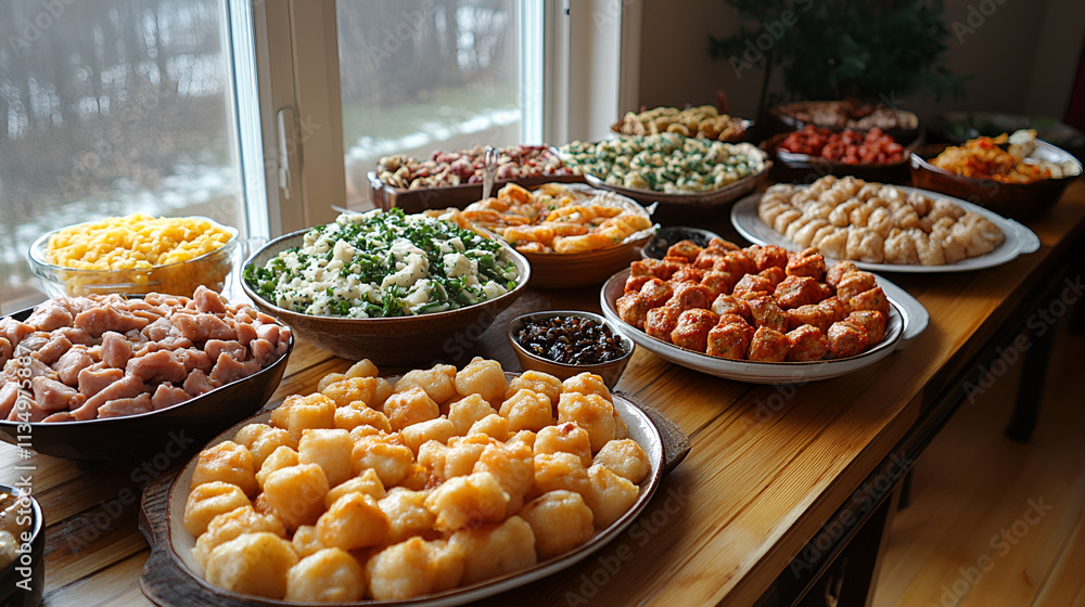Obraz premium Delicious assortment of dried fruits, nuts, and fresh vegetables on a buffet tray, perfect for a healthy meal or snack at a market or restaurant