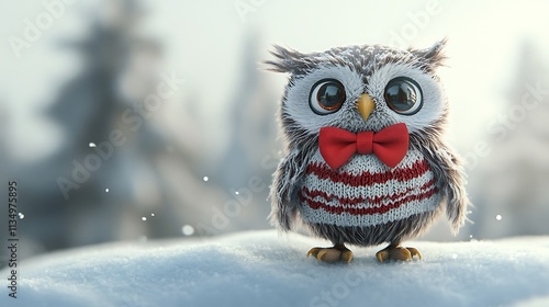 A 3D Christmas owl perched on a snowy surface, wearing a vibrant red bow tie and a small knitted sweater. photo