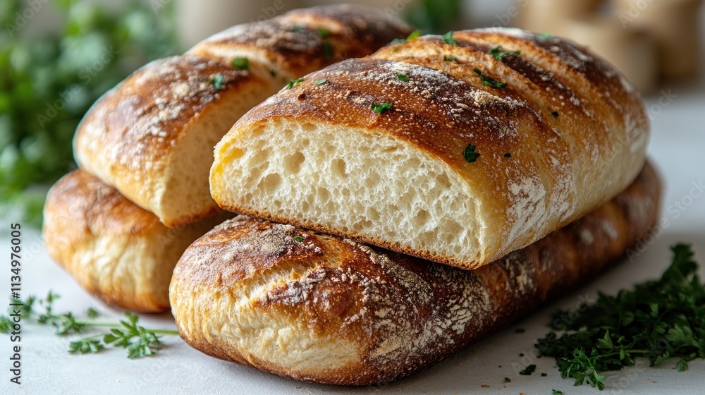 Golden-brown crusted loaves of bread are stacked with fresh herbs enhancing their charm Golden-brown crusted loaves of bread are stacked with fresh herbs enhancing their charm