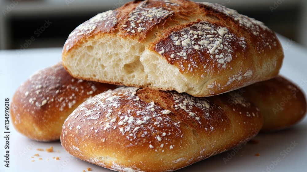 Warm, crusty loaves of bread invite with their golden crust and soft center on the white surface Warm, crusty loaves of bread invite with their golden crust and soft center on the white surface