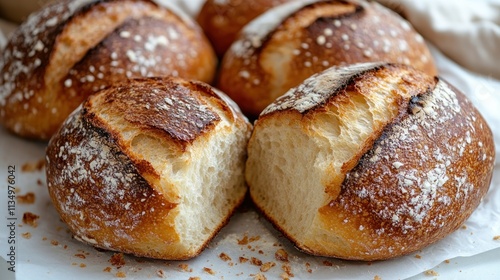 Soft, golden crusted rolls sit on a countertop, inviting with their warmth and aroma photo