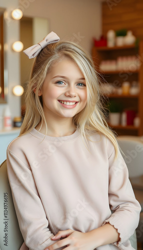 Optimistic cute cheery blonde girl indoors in beauty salon, Dreamy, with white tones