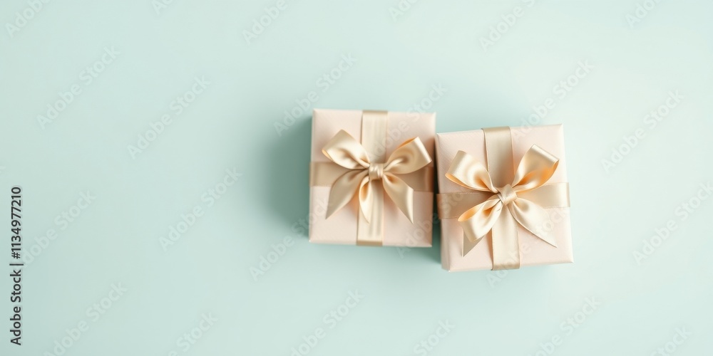 Two delicate gift boxes tied with elegant golden bows on a soft blue background Two delicate gift boxes tied with elegant golden bows on a soft blue background
