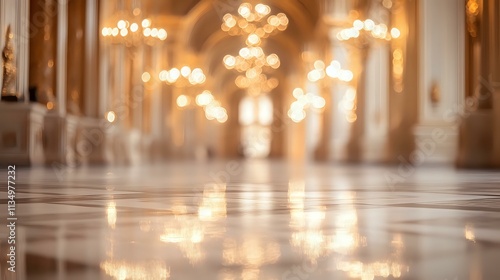 Glittering white lights with smooth bokeh reflecting off a marble floor in a grand palace hall