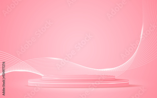 Pink podium with elegant white wave lines on the back for product presentation. Display of cosmetic products. Stage or podium. vector illustration.