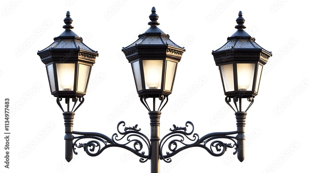 Three solar street lamps with modern lines and decorative elements. It is placed on a plain white background for emphasis. Three solar street lamps with modern lines and decorative elements. It is placed on a plain white background for emphasis.