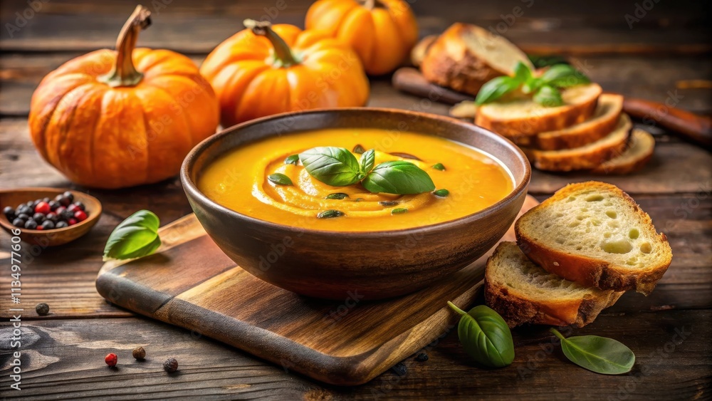 A bowl of creamy pumpkin soup garnished with fresh basil and toasted pumpkin seeds, served with crusty bread on a rustic wooden table. A bowl of creamy pumpkin soup garnished with fresh basil and toasted pumpkin seeds, served with crusty bread on a rustic wooden table.