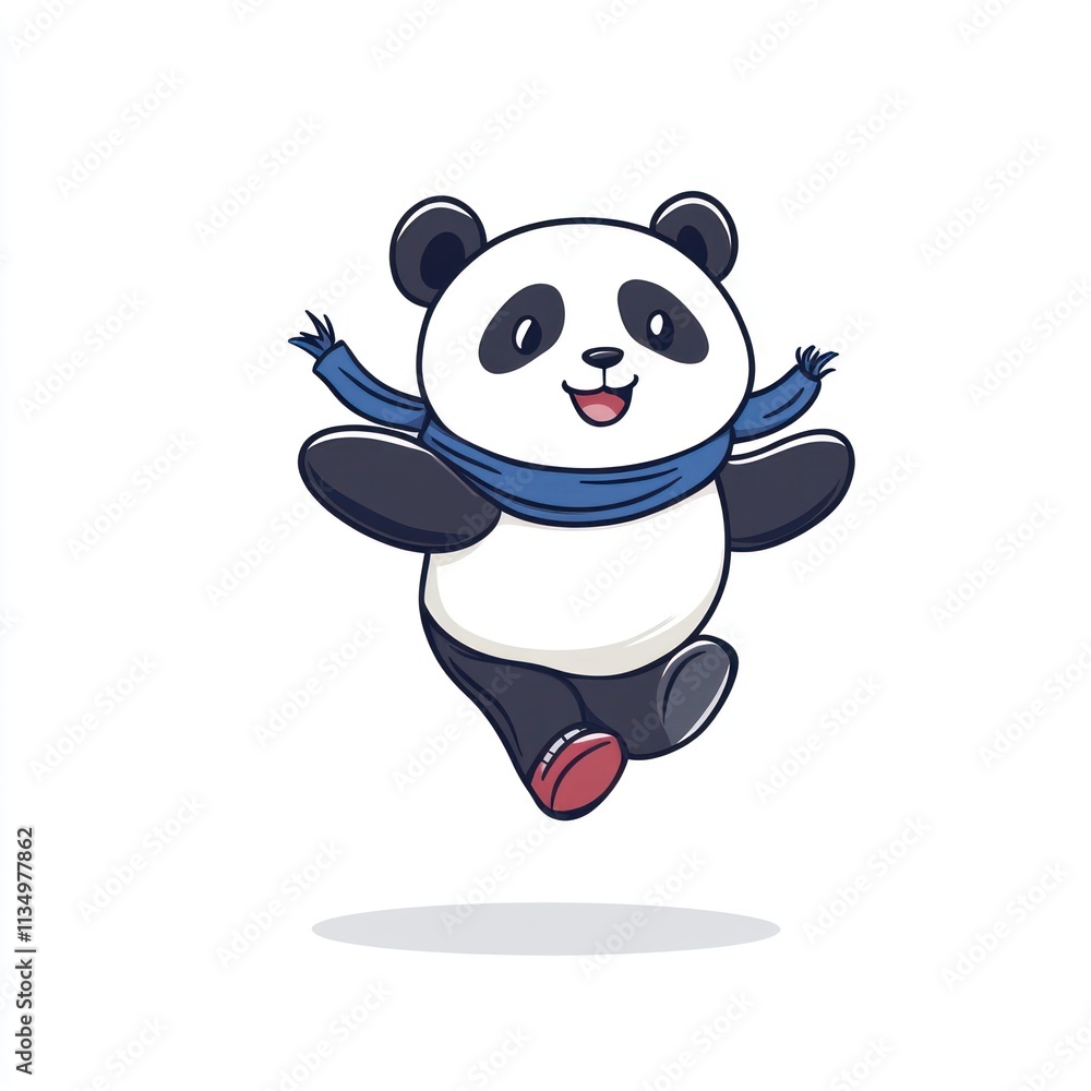 Joyful panda bear cartoon illustration wearing a blue scarf, jumping happily. Joyful panda bear cartoon illustration wearing a blue scarf, jumping happily.