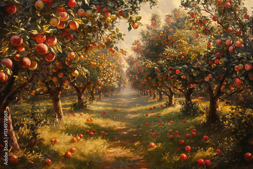 Vibrant apple orchard during golden hour with a serene pathway and fruit-laden trees. Generative AI
