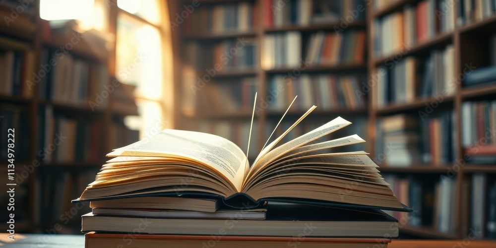 A single open book rests on a stack of books with a blurred background of a bookshelf filled with books A single open book rests on a stack of books with a blurred background of a bookshelf filled with books