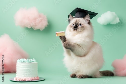 Cute Ragdoll kitten in graduation cap holds cake slice. photo