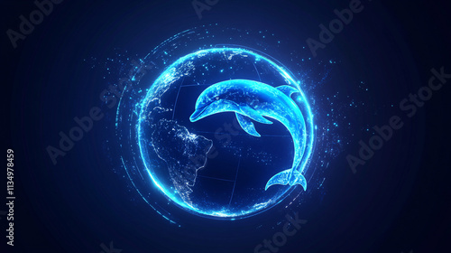 A futuristic globe icon with a glowing dolphin, symbolizing online oceanography platforms tracking marine ecosystems and conservation efforts. 