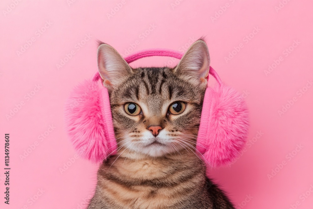 Cute tabby cat wearing pink fluffy earmuffs against a pink background. Cute tabby cat wearing pink fluffy earmuffs against a pink background.