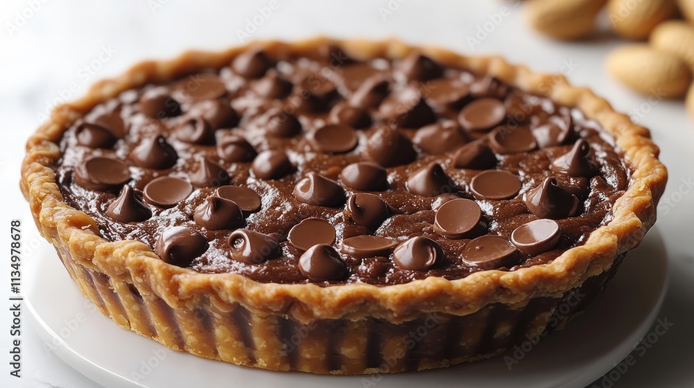 Indulging in a decadent chocolate pie topped with glossy chocolate chips invites sweetness Indulging in a decadent chocolate pie topped with glossy chocolate chips invites sweetness