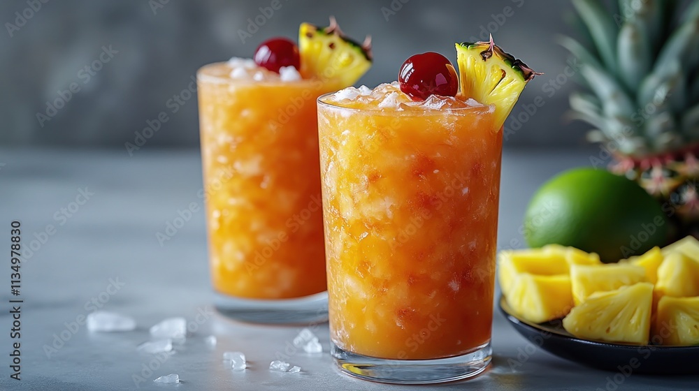 Two refreshing tropical cocktails with cherries and pineapple evoke summer vibes Two refreshing tropical cocktails with cherries and pineapple evoke summer vibes