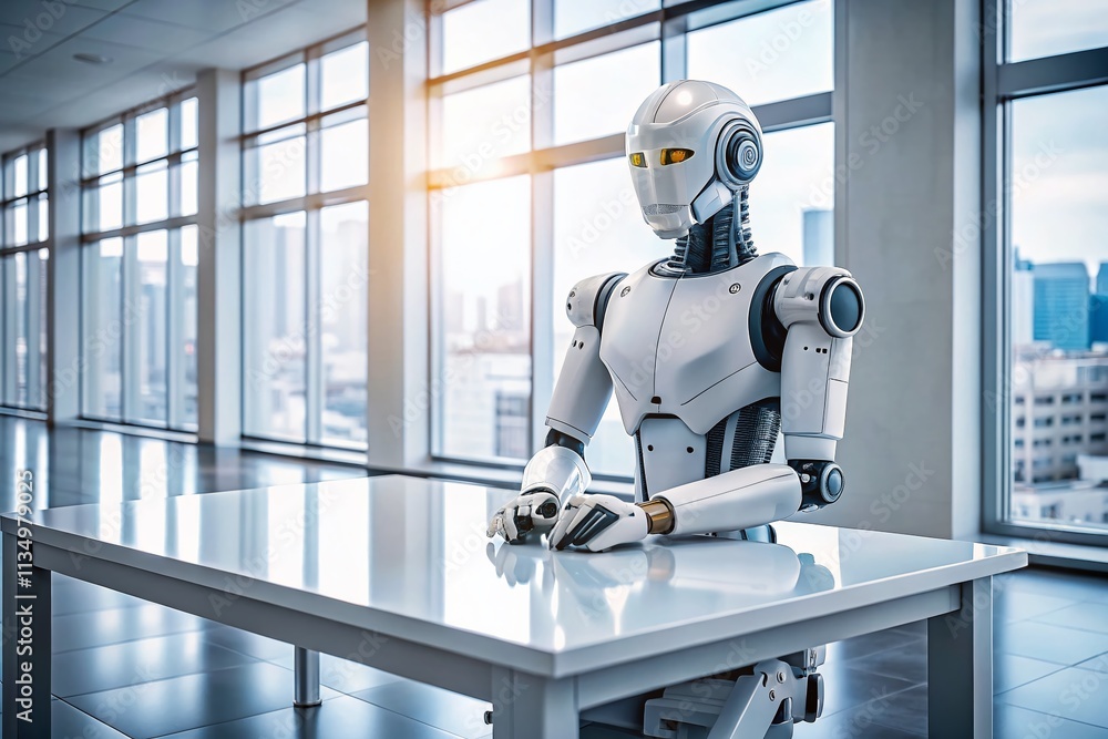 Futuristic AI Robot Sitting on a Minimalist White Table, Showcasing Advanced Technology and Contemporary Design in a Modern Workspace Setting Futuristic AI Robot Sitting on a Minimalist White Table, Showcasing Advanced Technology and Contemporary Design in a Modern Workspace Setting