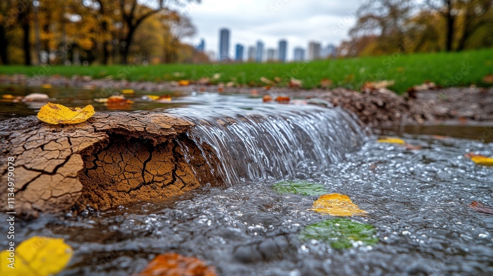Fototapeta premium Water cascades over soil, surrounded by fallen leaves in a vibrant urban park during autumn