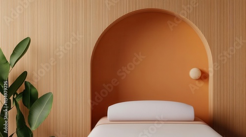 Luxury spathemed sleep pod, warm tones, aromatherapy integration photo