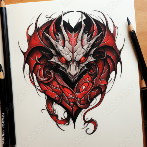 Dragon in heart shape Tattoo idea sketch
