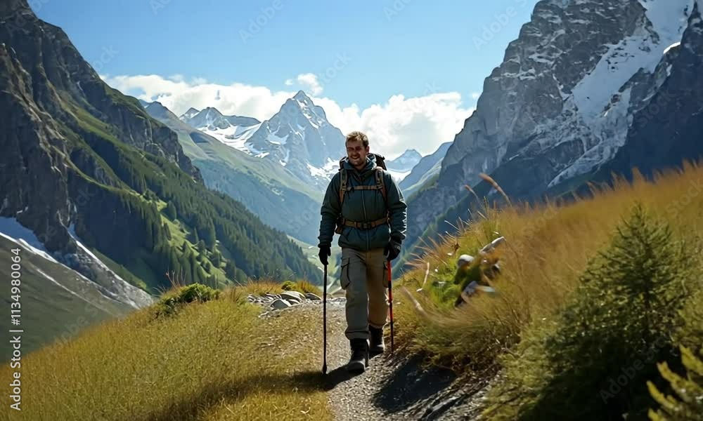 Man traveling mountain nature. Hiker walking enjoying picturesque landscape view Man traveling mountain nature. Hiker walking enjoying picturesque landscape view